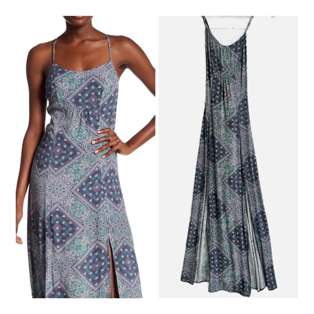 Volcom Paisley Fuel Print Maxi Dress XS Women’s Cross Back High-Slits Boho